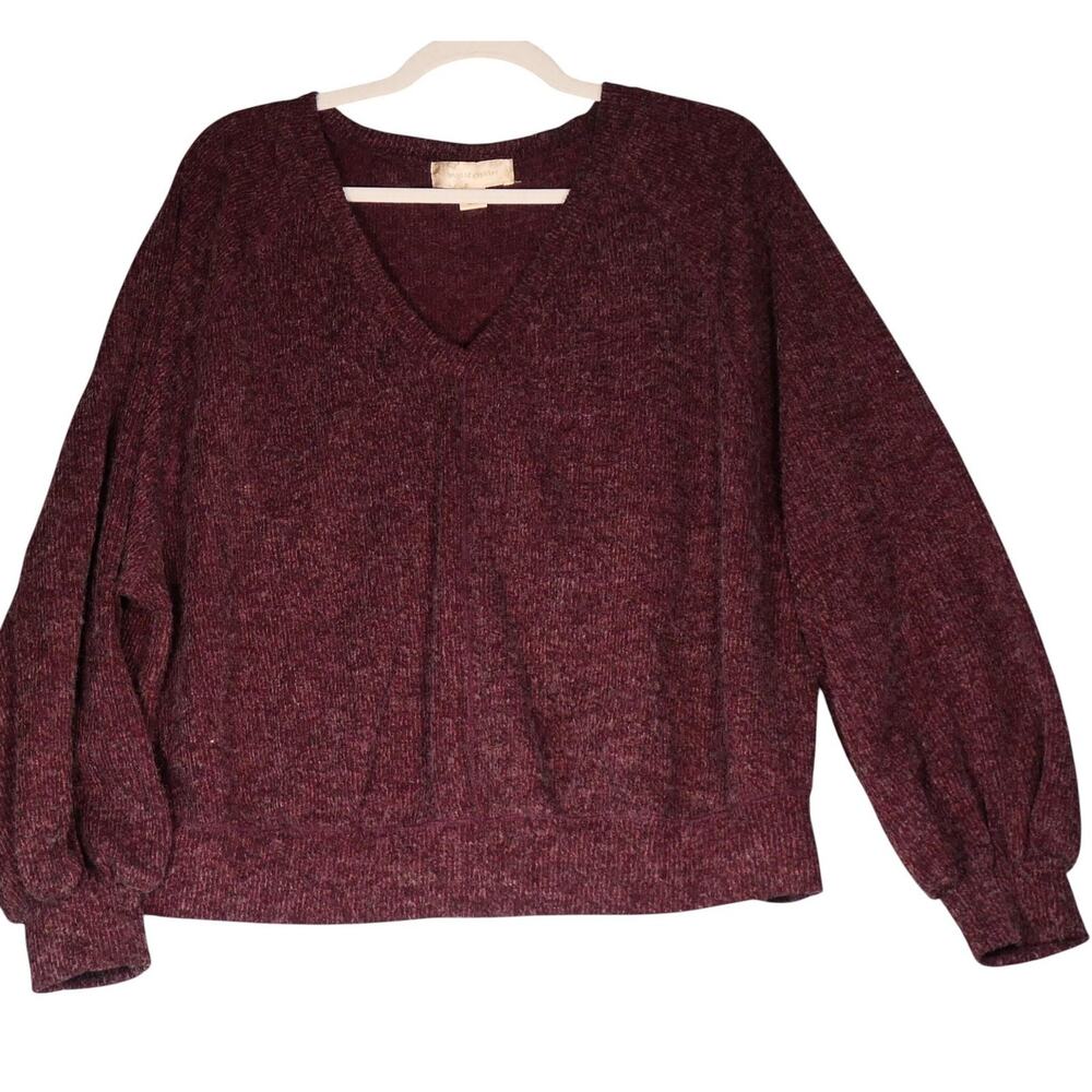 Band Of Gypsies Sweater Womens Medium Burgundy V Neck Balloon Sleeve Fuzzy Soft - Picture 2 of 9